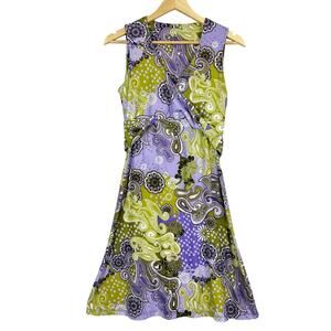 Prana Purple Green Paisley Sleeveless Dress Twist Wrap V-Neck Athletic M